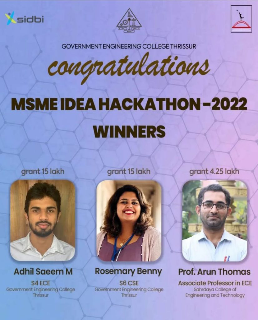 Adhil Saeem M (S5 ECE)won MSME IDEA HACKATHON 2022